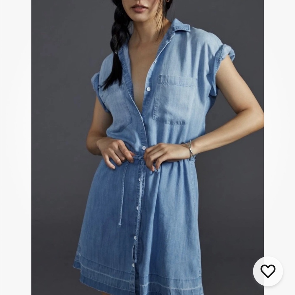 Anthropologie Cloth & Stone Cinched-Waist Mini Shirt Dress Denim Blue Size Small